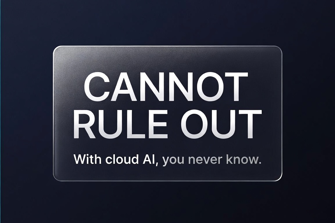 A dark rounded panel on a midnight-blue background reading "CANNOT RULE OUT — With cloud AI, you never know."